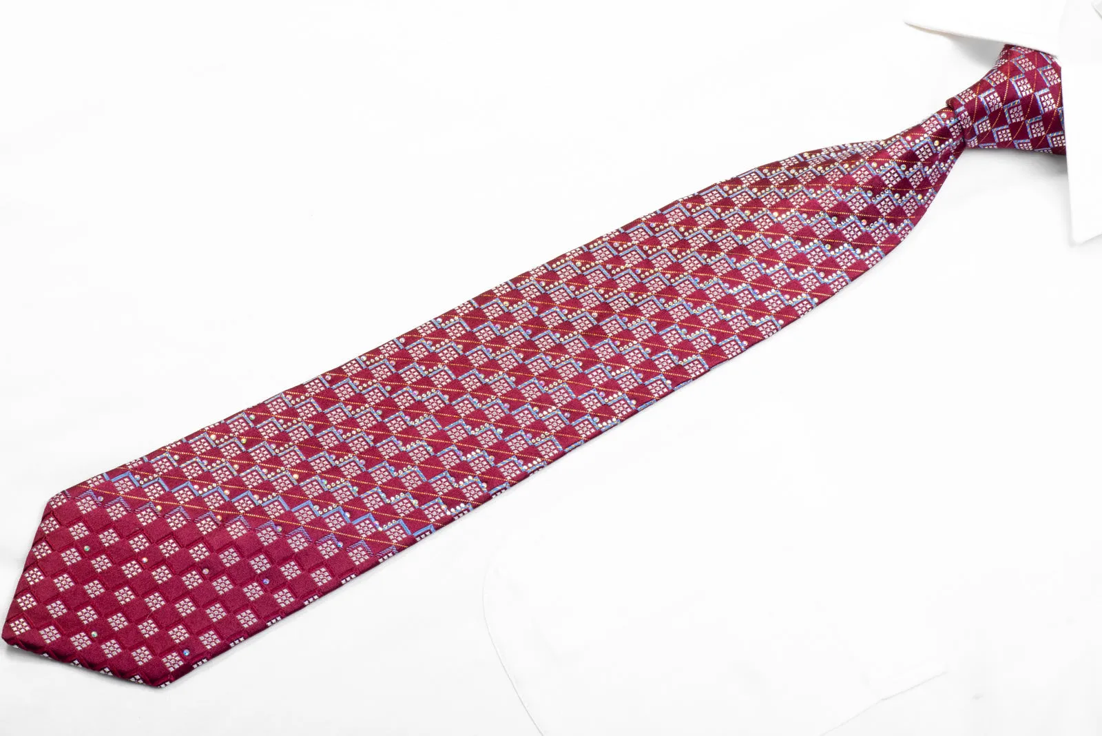 Men's Silk Necktie Silver Blue Geometric On Burgundy With Gold Sparkles