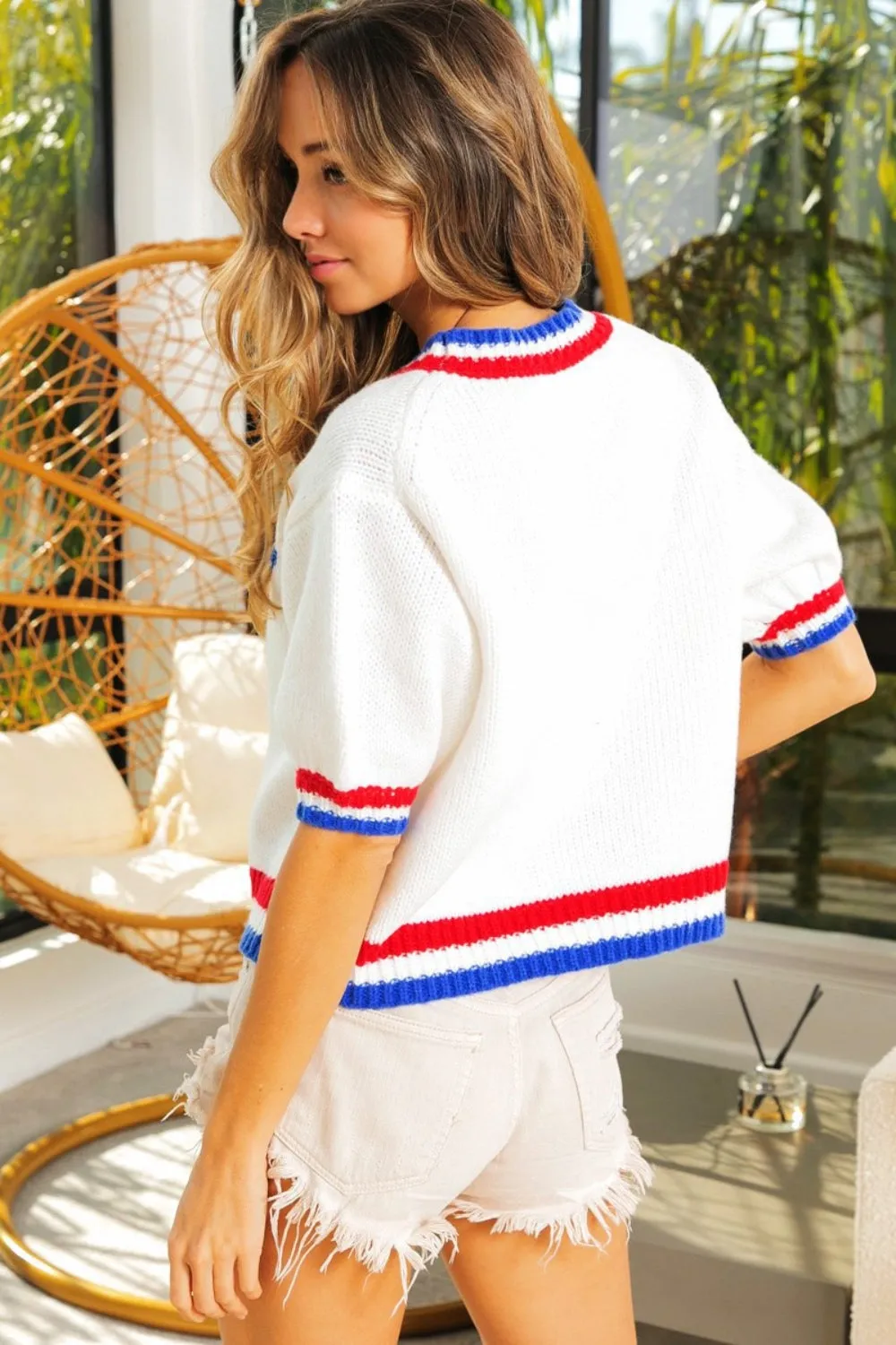 Metallic America Letter Short Sleeve Sweater