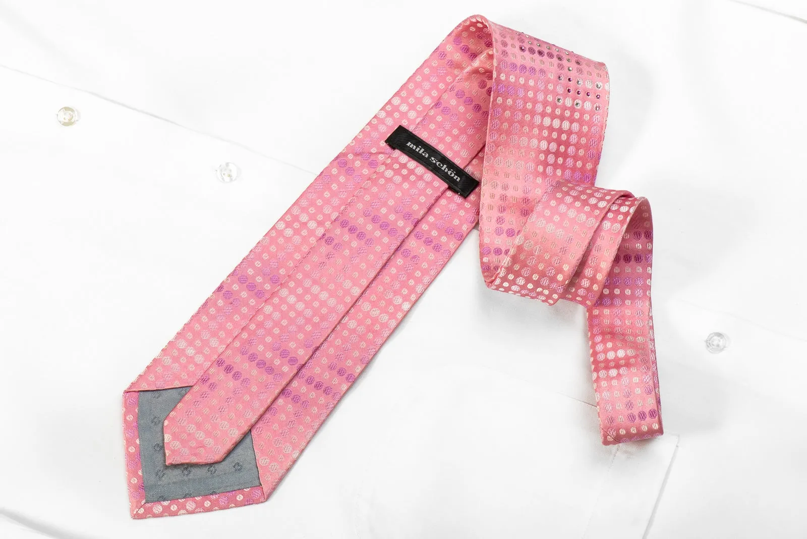 Mila Schon Men's Crystal Rhinestone Silk Necktie Geometric Circles On Pink