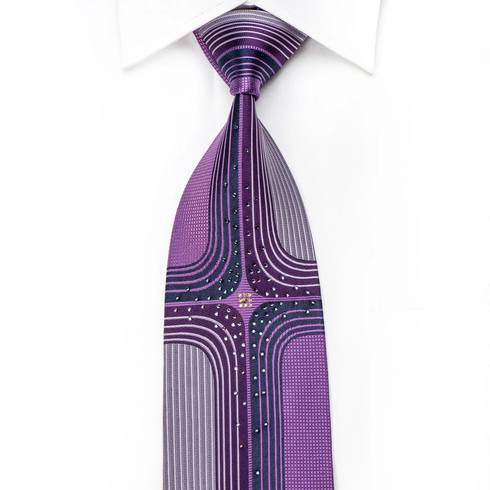 Mila Schon Men's Crystal Silk Necktie Geometric On Purple With Gold Sparkles