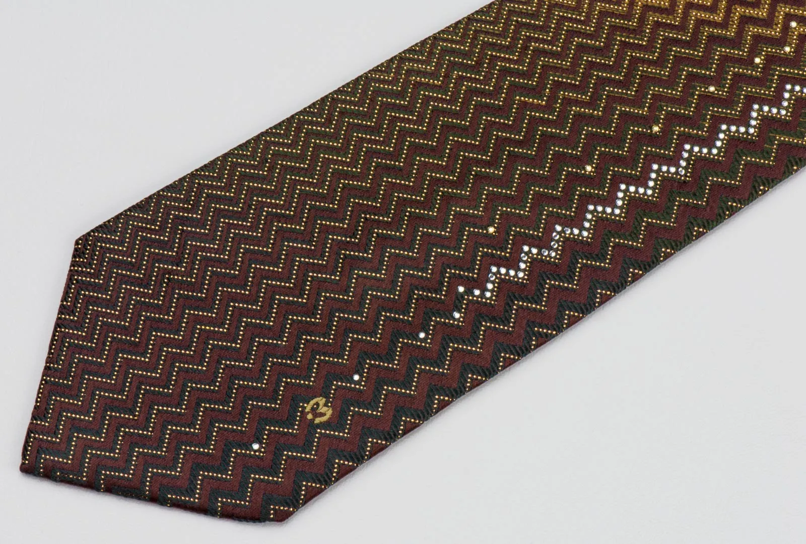 Mila Schon Men's Rhinestone Tie Golden Chevron Design On Brown Woven Silk