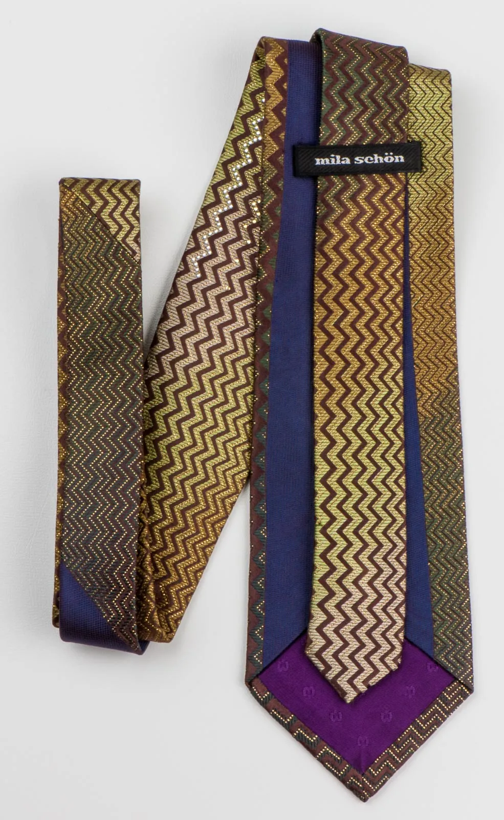 Mila Schon Men's Rhinestone Tie Golden Chevron Design On Brown Woven Silk