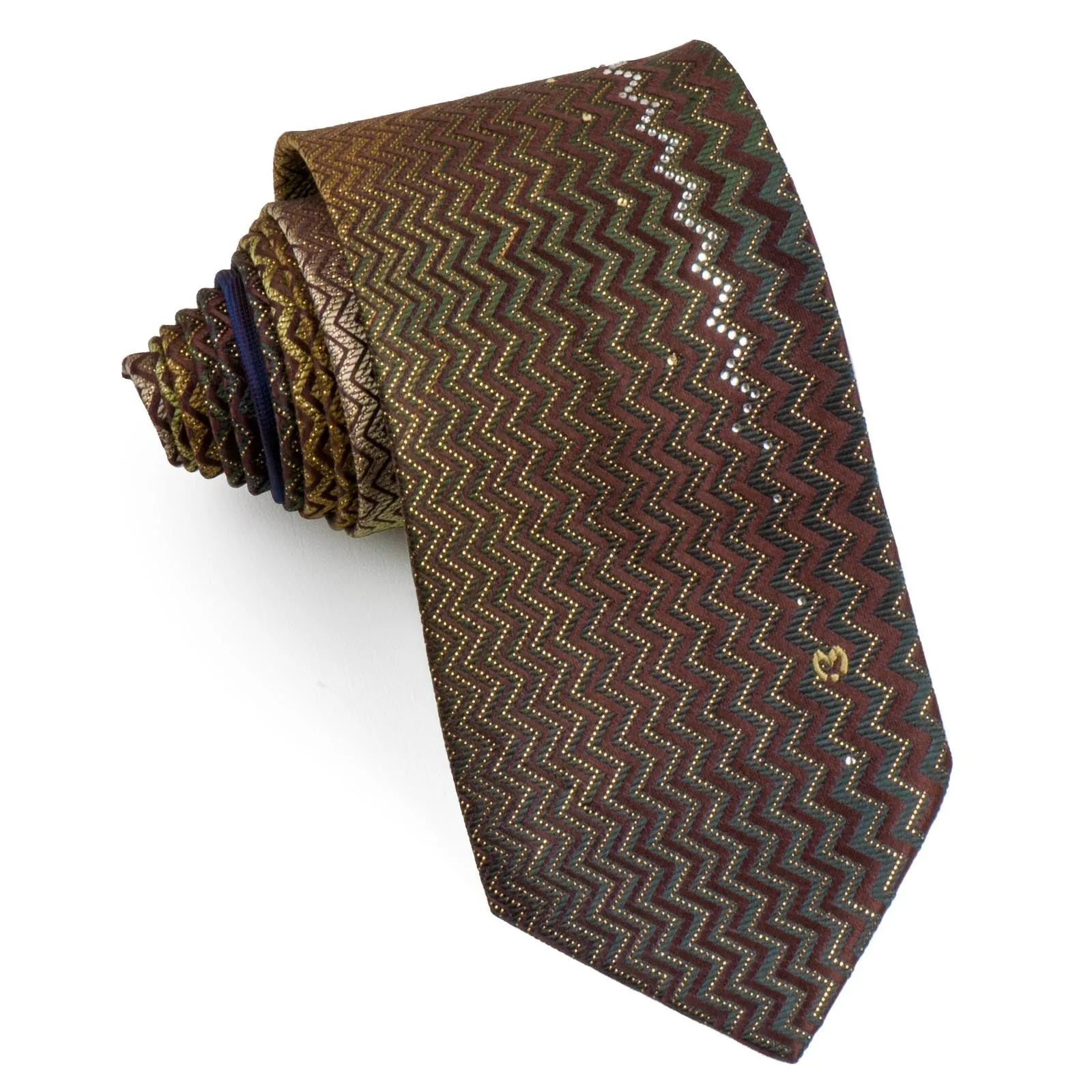 Mila Schon Men's Rhinestone Tie Golden Chevron Design On Brown Woven Silk