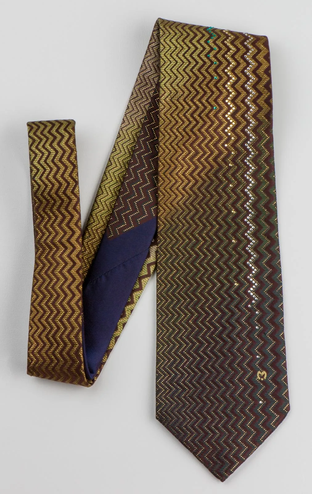 Mila Schon Men's Rhinestone Tie Golden Chevron Design On Brown Woven Silk