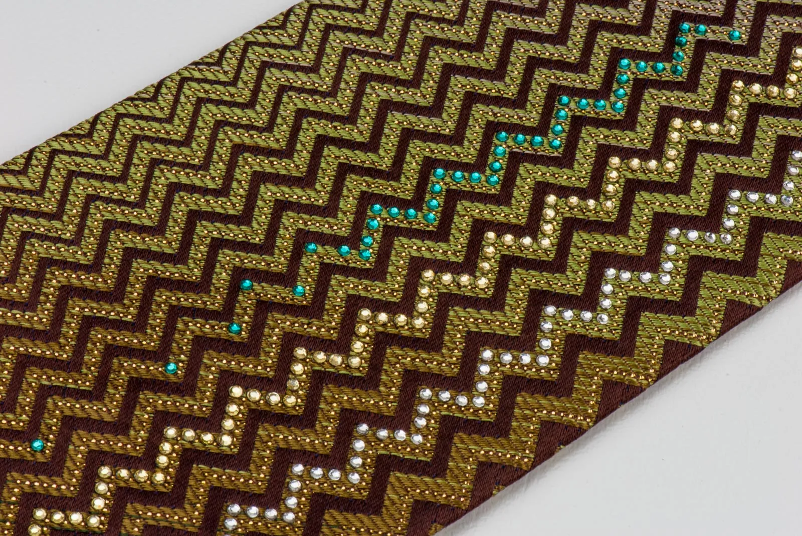 Mila Schon Men's Rhinestone Tie Golden Chevron Design On Brown Woven Silk