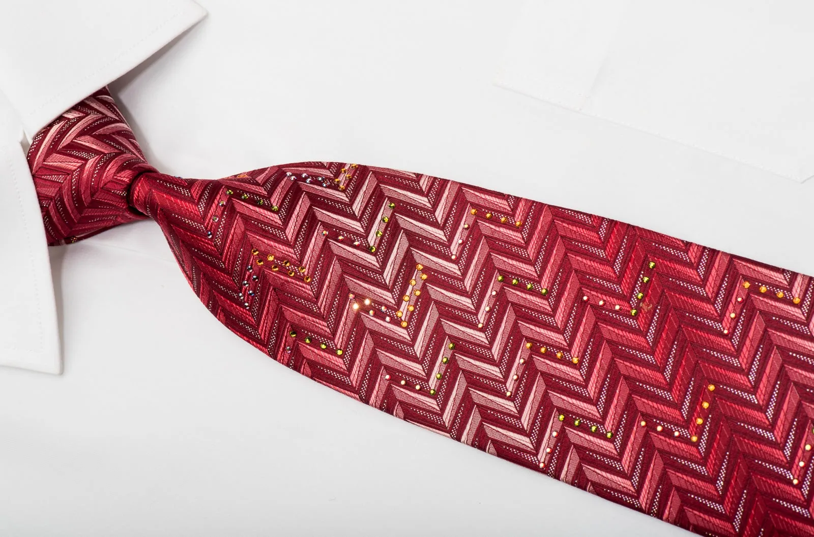 Mila Schon Men's Silk Necktie Herringbone On Red Sparkling With Rhinestones