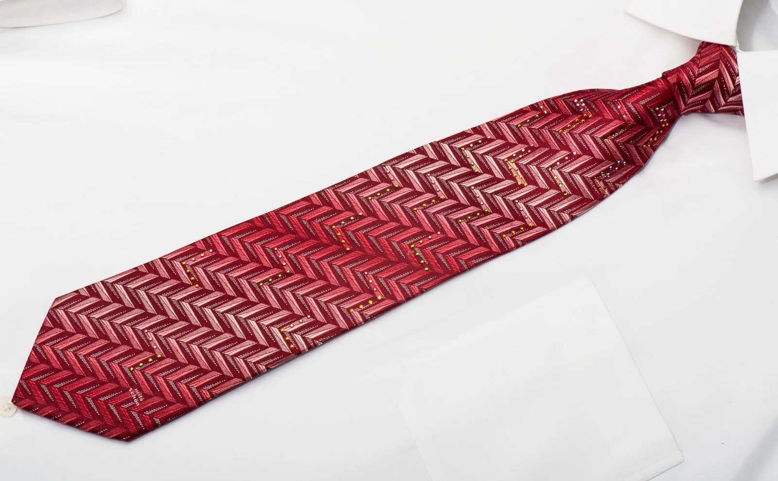 Mila Schon Men's Silk Necktie Herringbone On Red Sparkling With Rhinestones