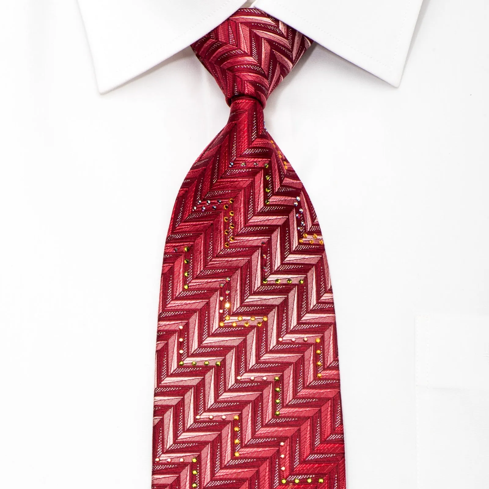 Mila Schon Men's Silk Necktie Herringbone On Red Sparkling With Rhinestones