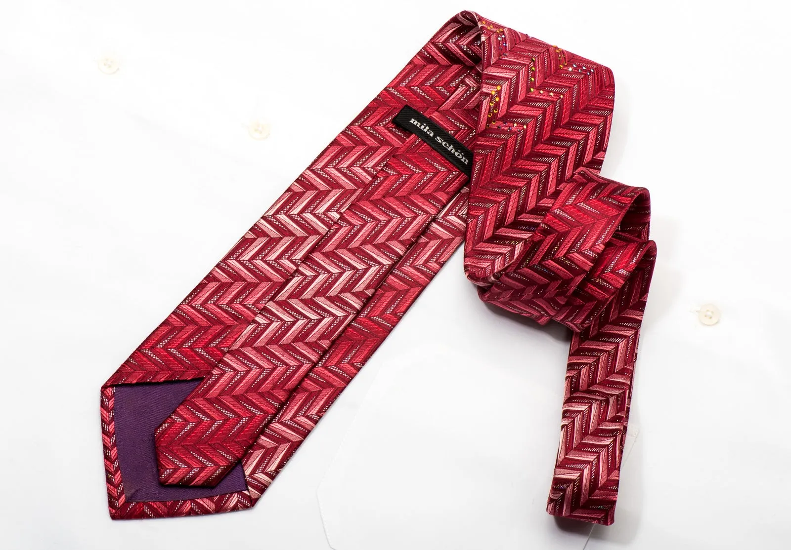 Mila Schon Men's Silk Necktie Herringbone On Red Sparkling With Rhinestones