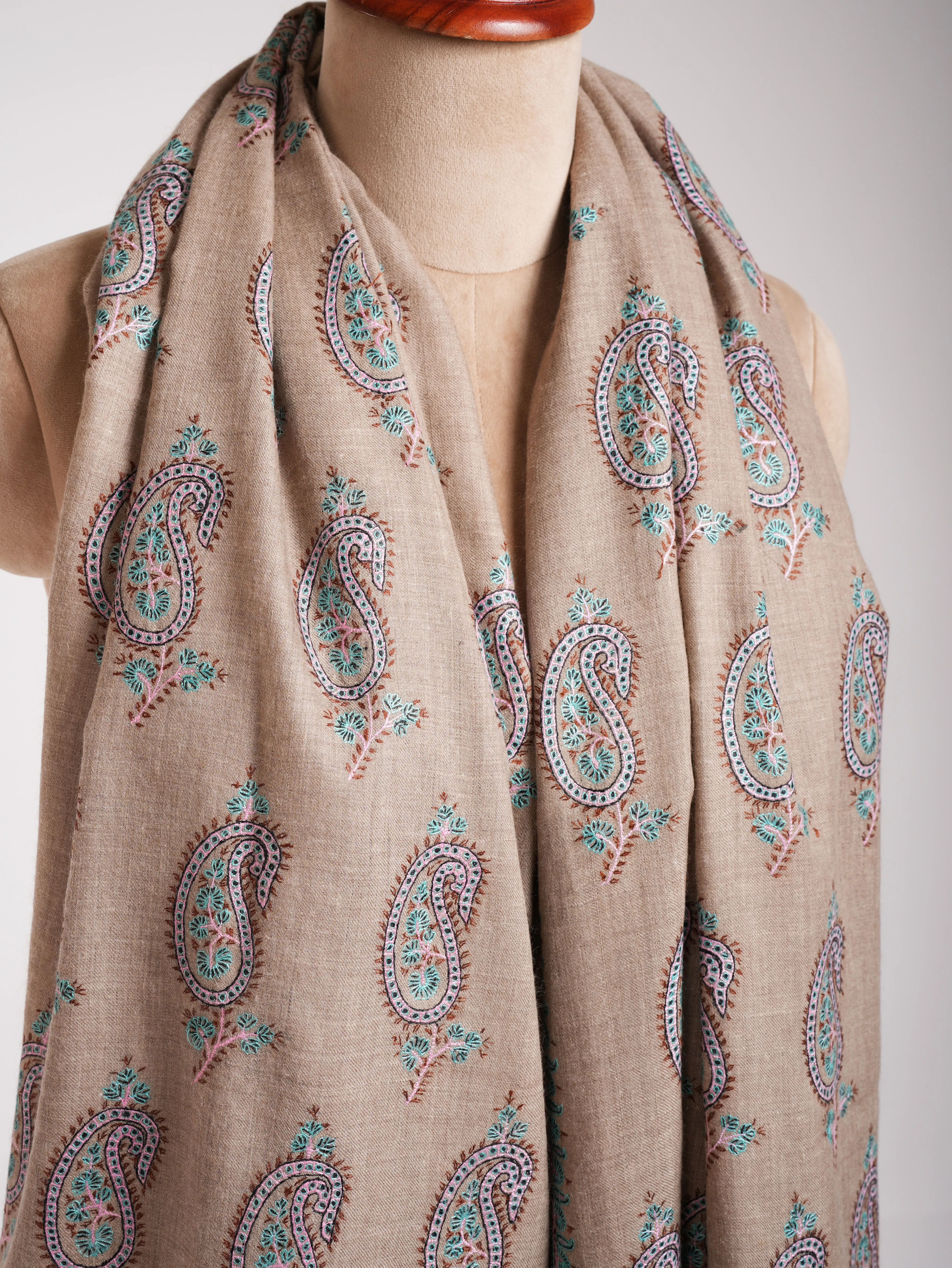 Natural Grey Pashmina Shawl with Paisley Embroidery