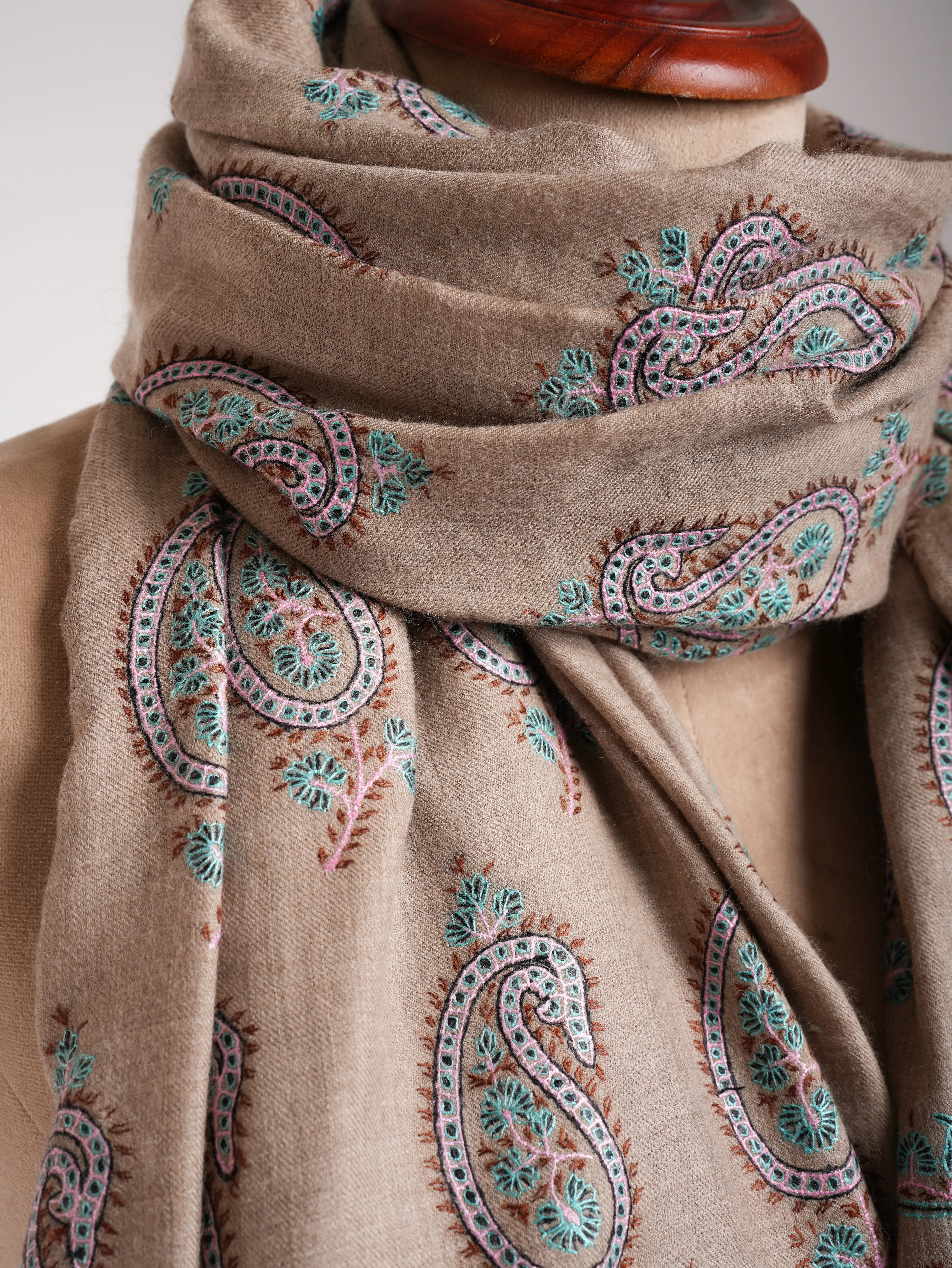 Natural Grey Pashmina Shawl with Paisley Embroidery