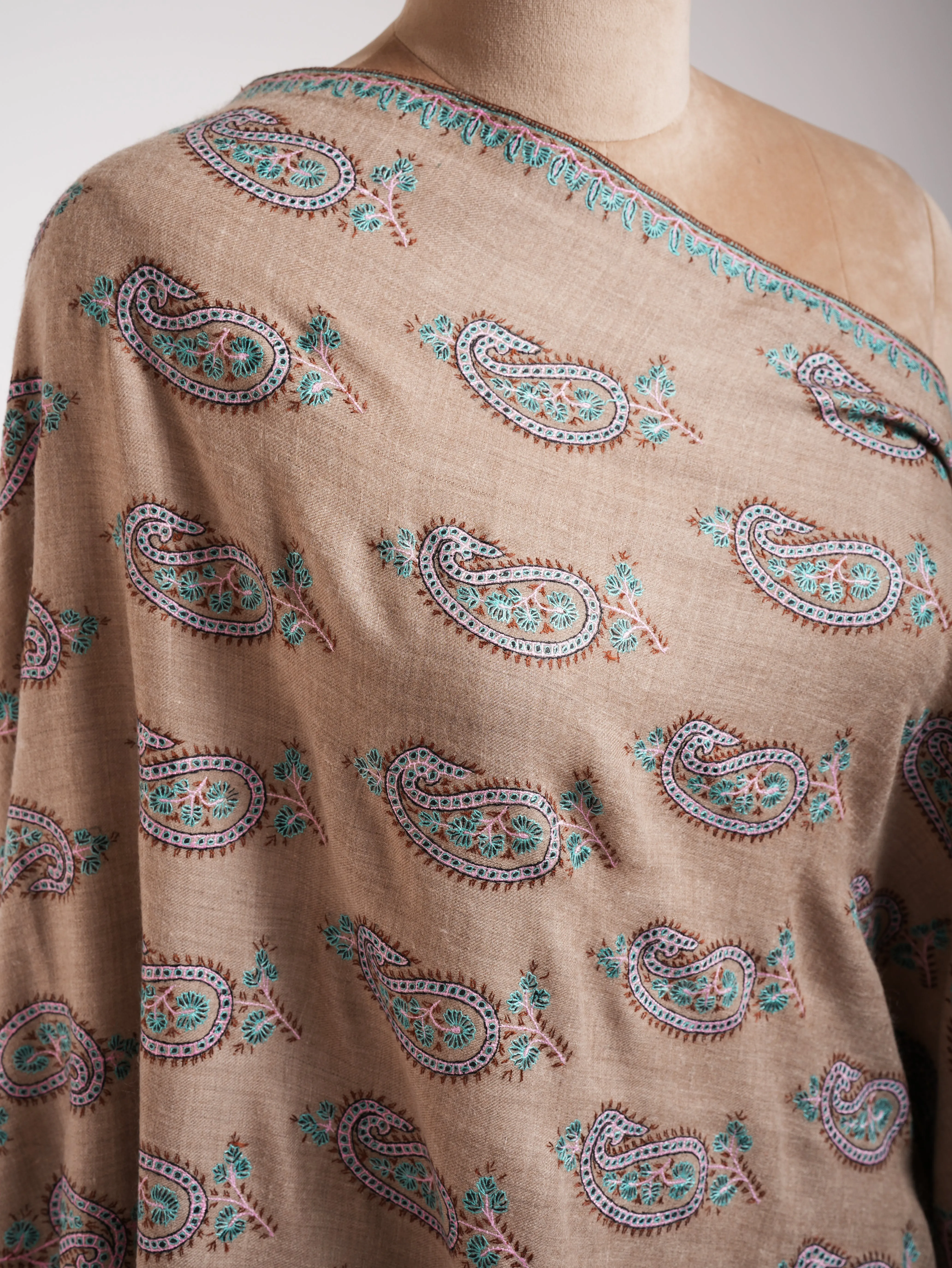 Natural Grey Pashmina Shawl with Paisley Embroidery