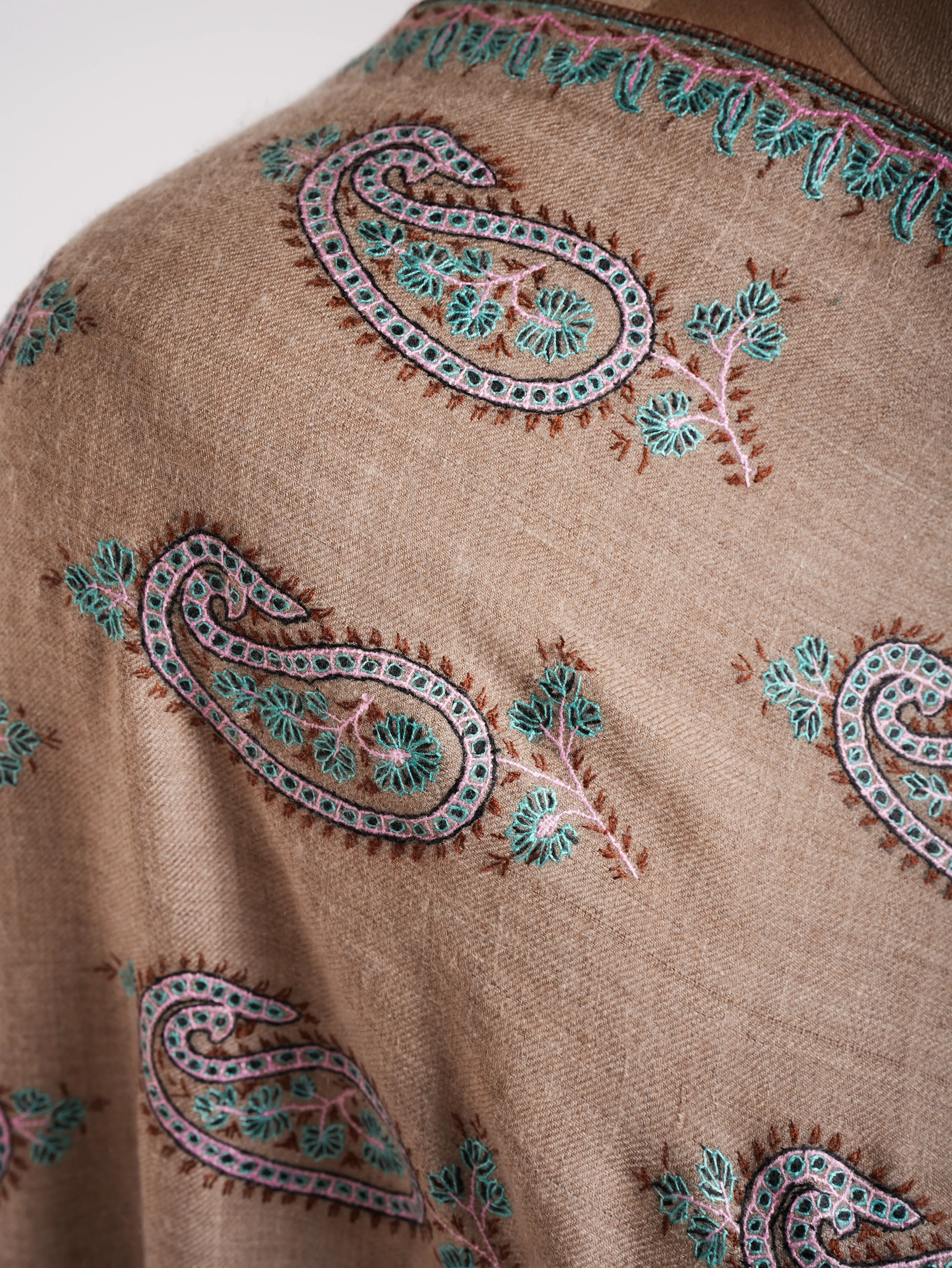 Natural Grey Pashmina Shawl with Paisley Embroidery