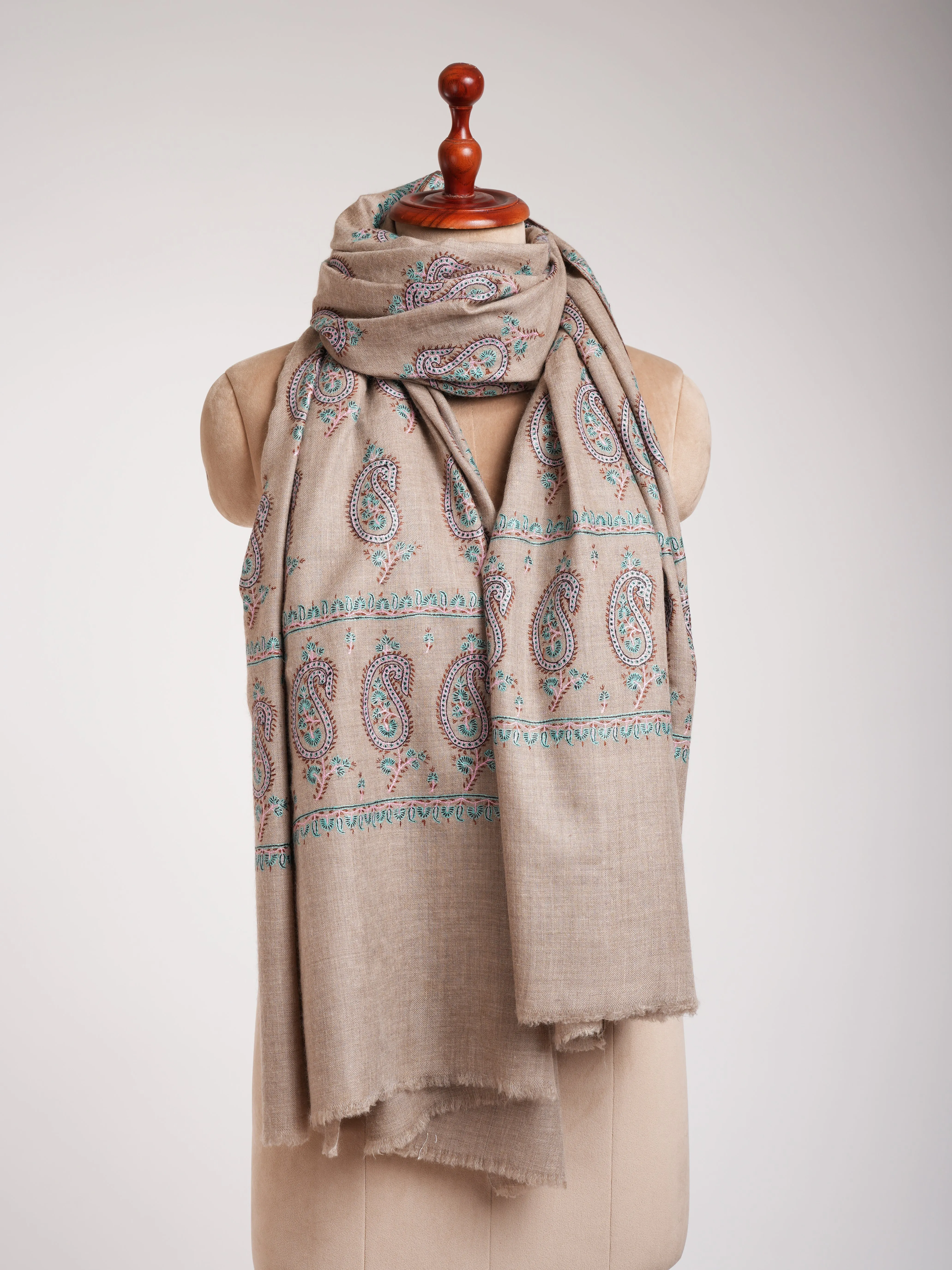 Natural Grey Pashmina Shawl with Paisley Embroidery