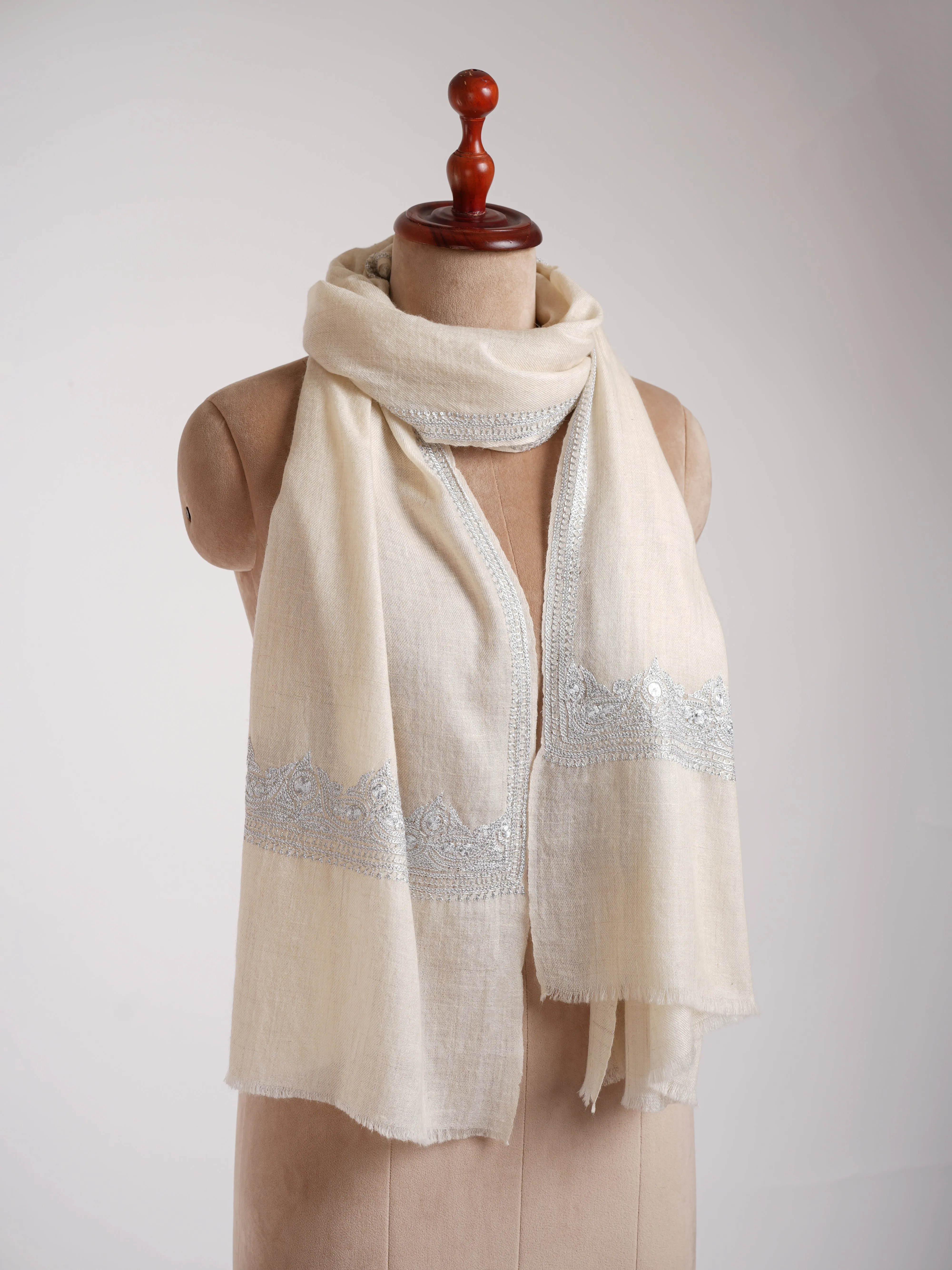 Natural White Indian Cashmere Stole with Silver Tilla Embroidery