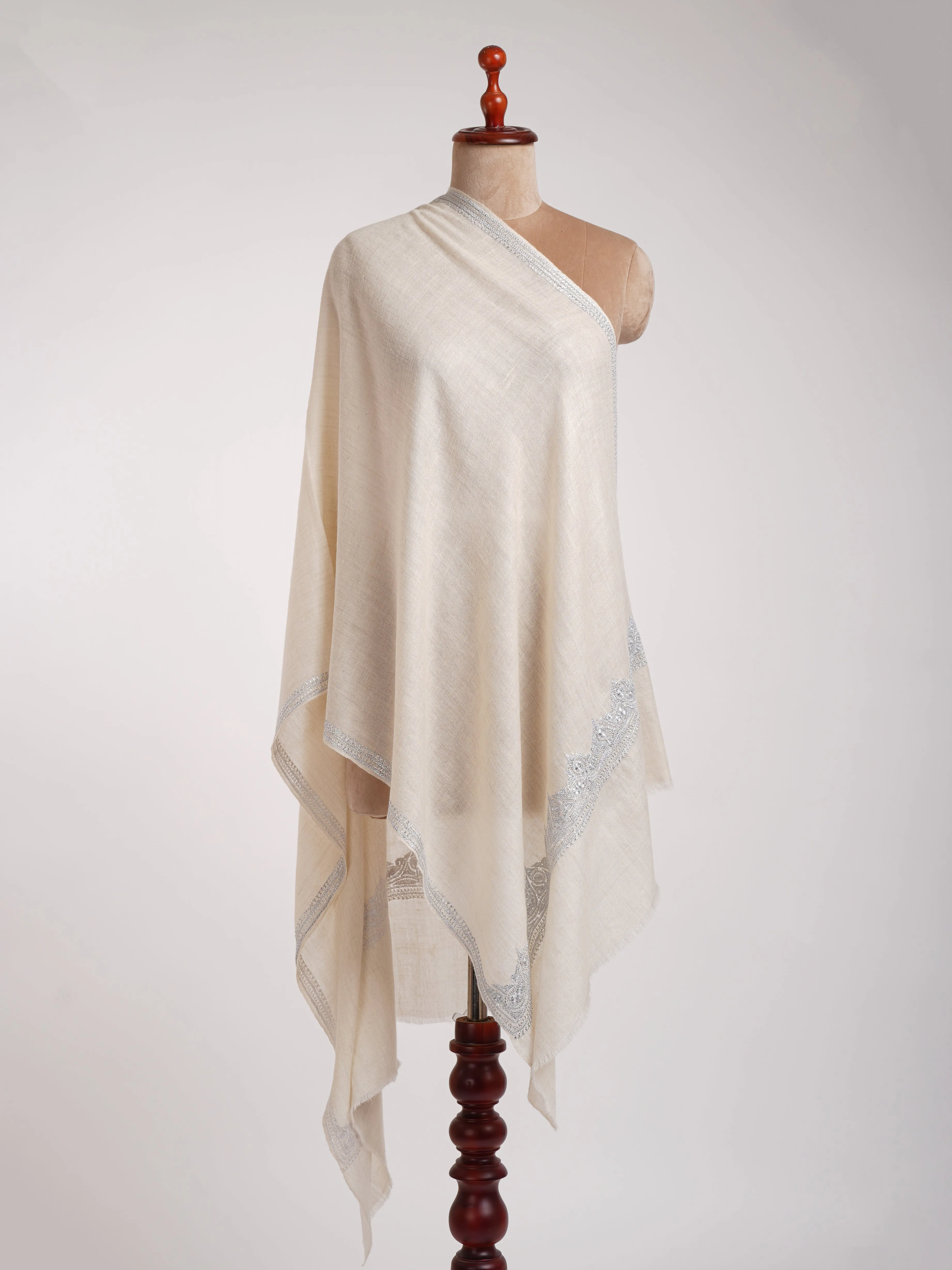 Natural White Indian Cashmere Stole with Silver Tilla Embroidery