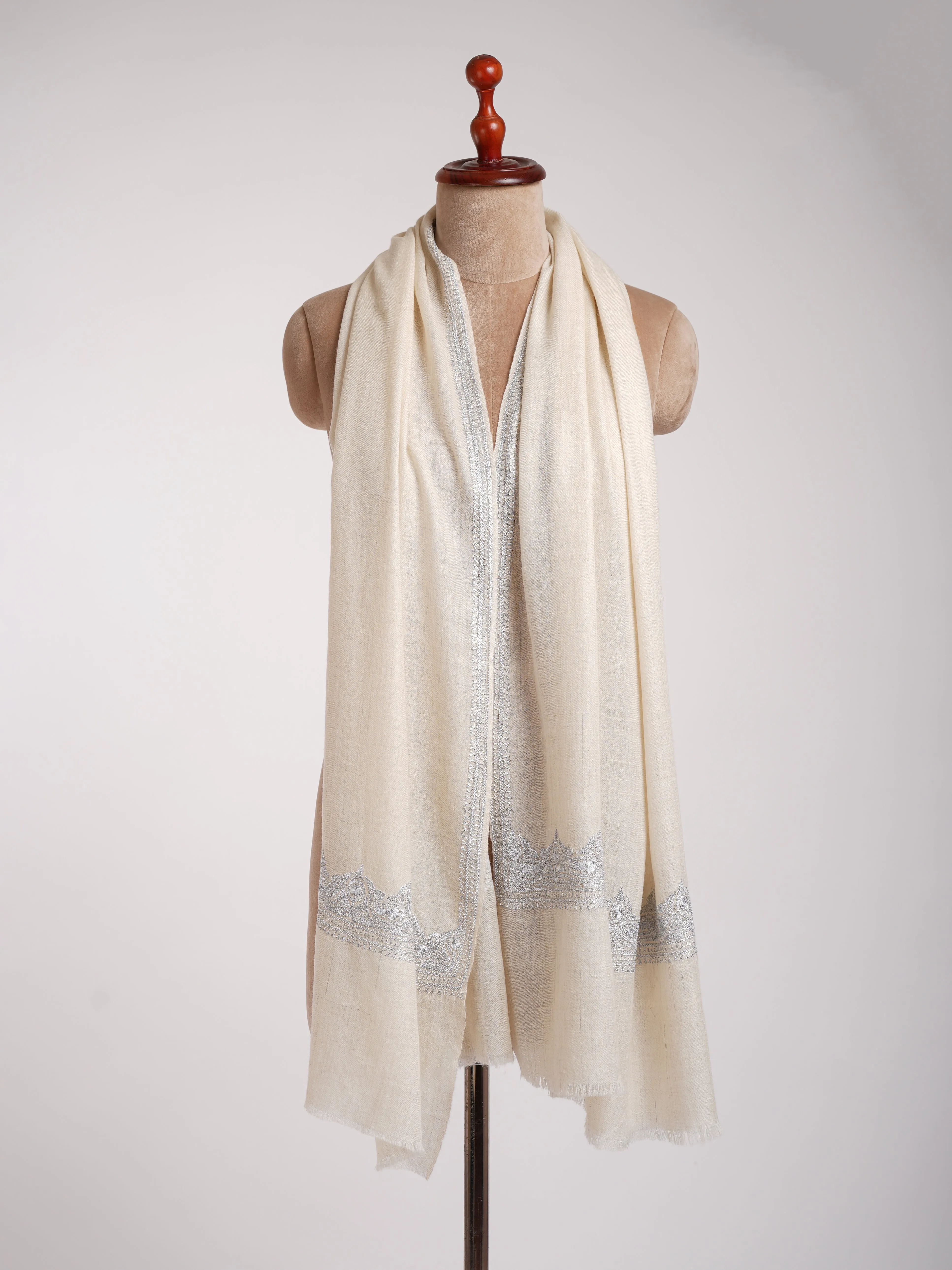 Natural White Indian Cashmere Stole with Silver Tilla Embroidery