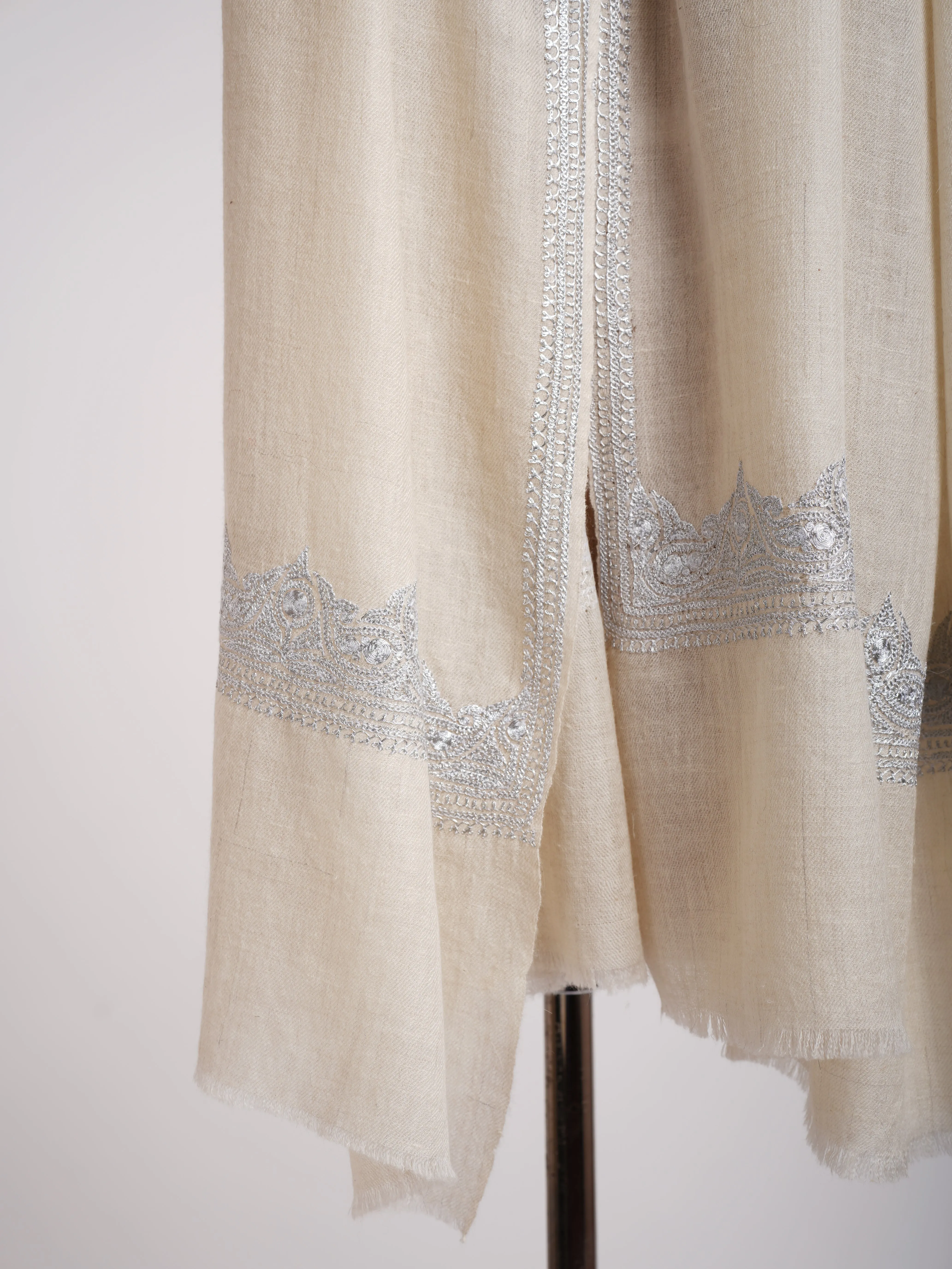 Natural White Indian Cashmere Stole with Silver Tilla Embroidery