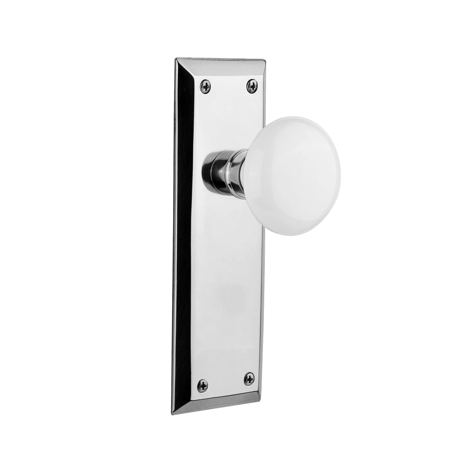 New York Long Plate with White Porcelain Knob in Bright Chrome