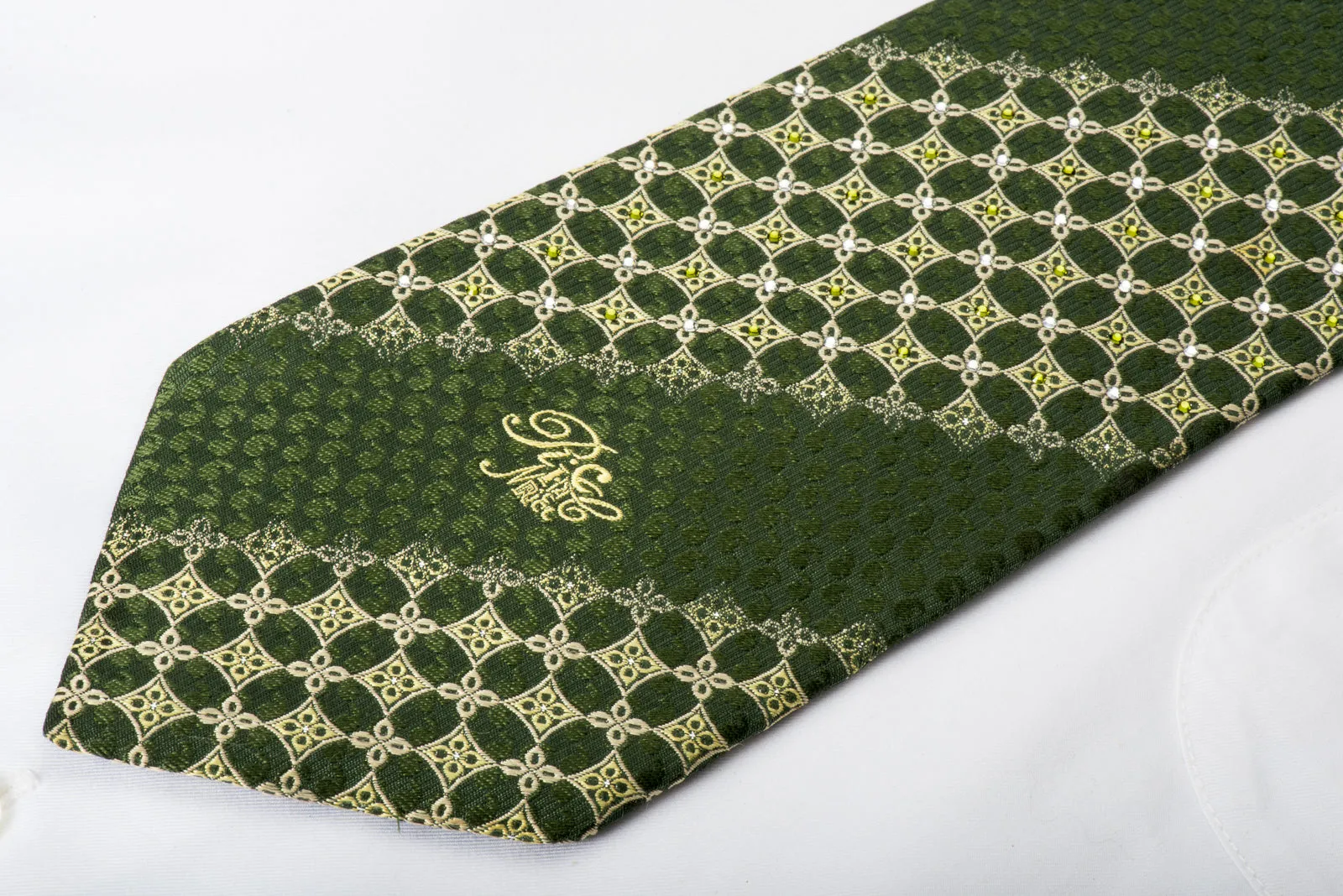 Nina Ricci Rhinestone Silk Tie Yellow Foulard On Green With Silver Sparkles