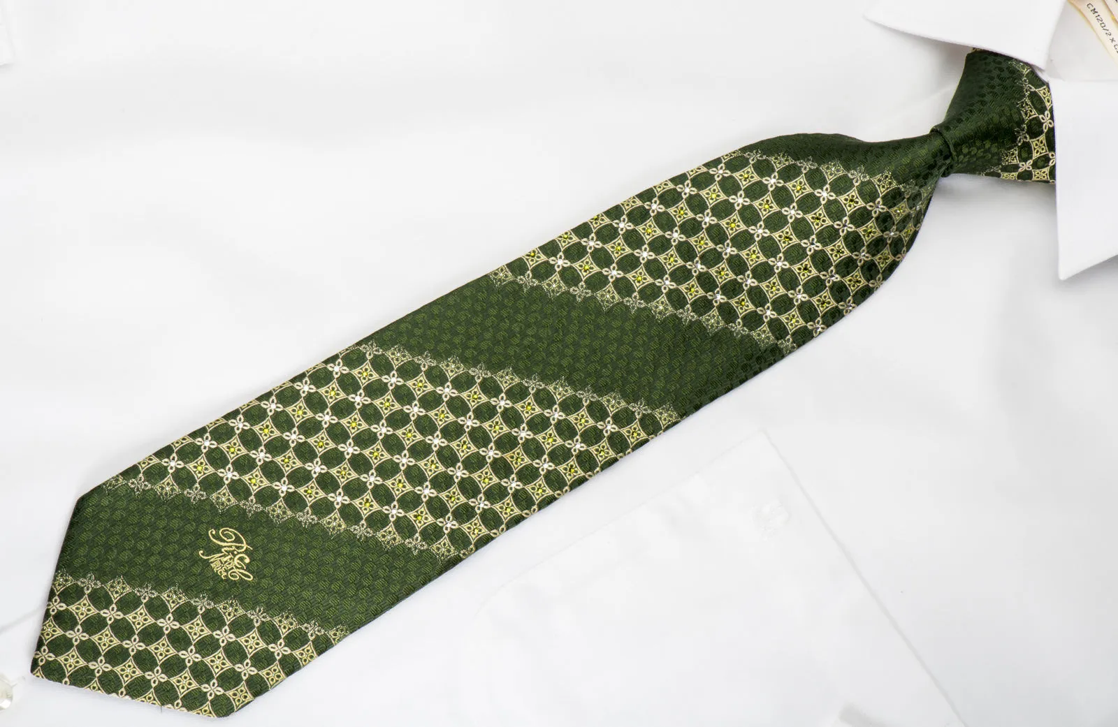 Nina Ricci Rhinestone Silk Tie Yellow Foulard On Green With Silver Sparkles