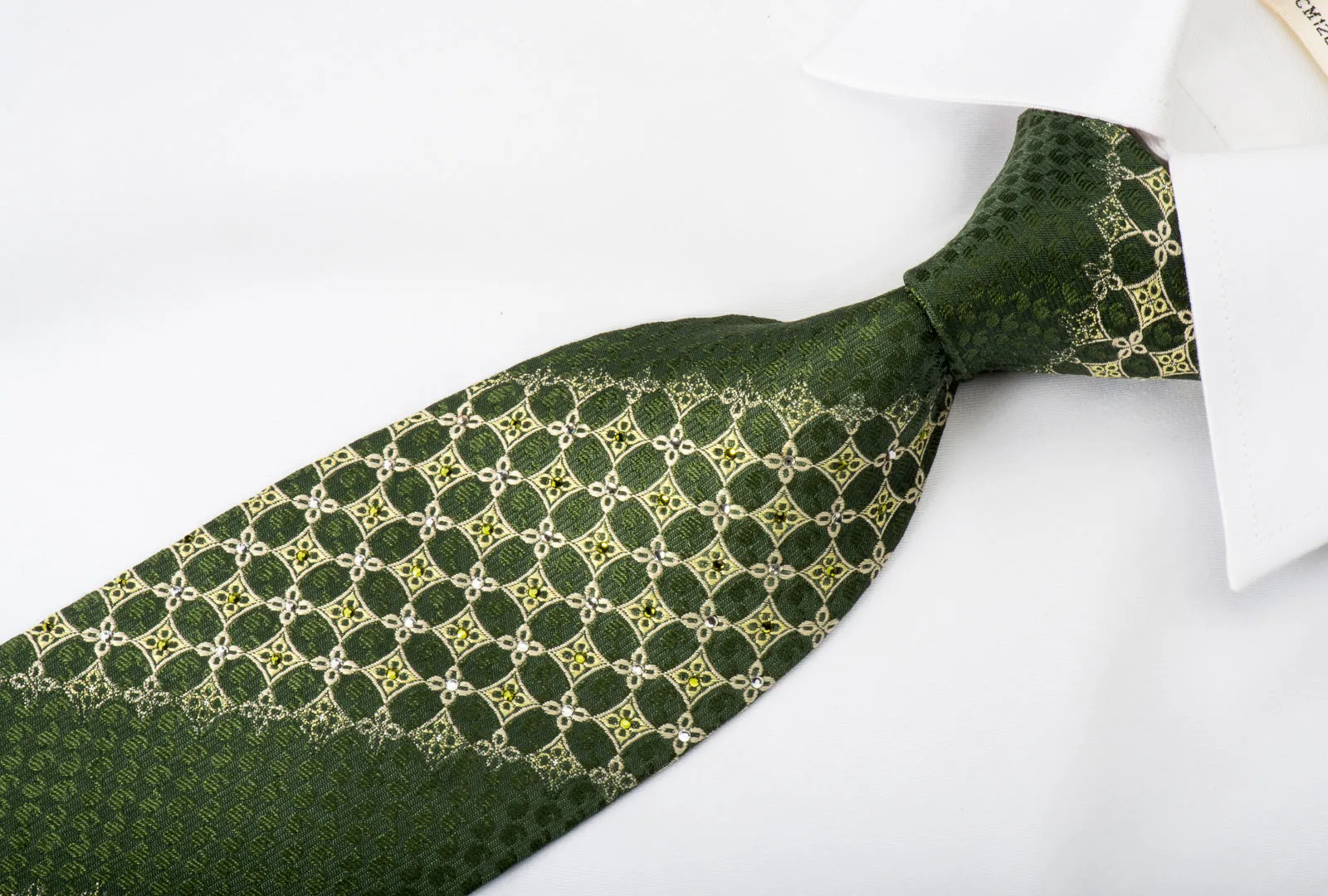 Nina Ricci Rhinestone Silk Tie Yellow Foulard On Green With Silver Sparkles