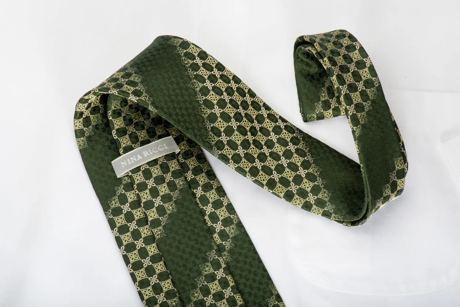 Nina Ricci Rhinestone Silk Tie Yellow Foulard On Green With Silver Sparkles