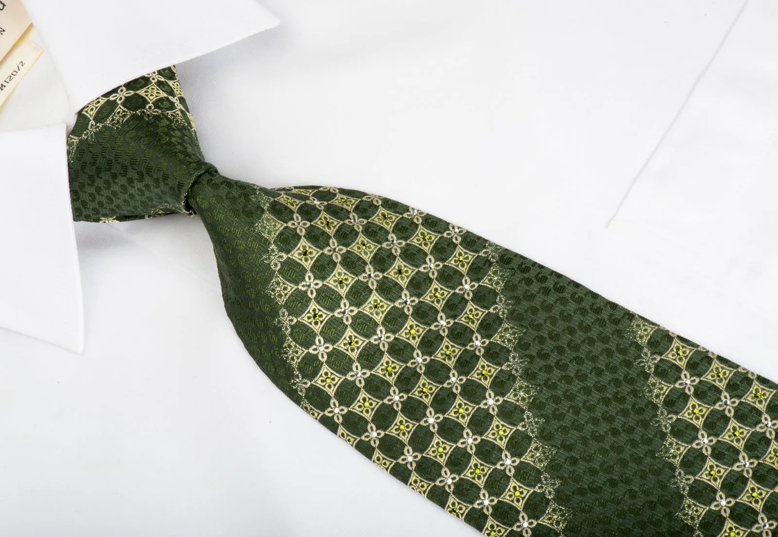 Nina Ricci Rhinestone Silk Tie Yellow Foulard On Green With Silver Sparkles