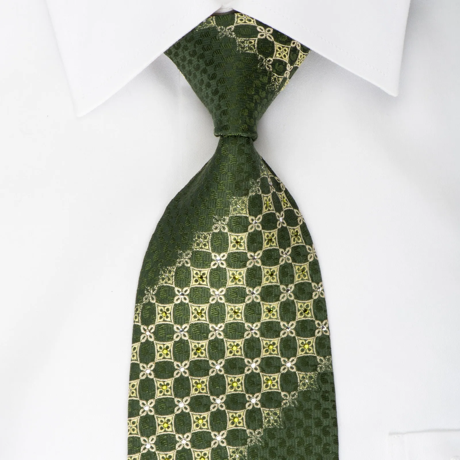 Nina Ricci Rhinestone Silk Tie Yellow Foulard On Green With Silver Sparkles