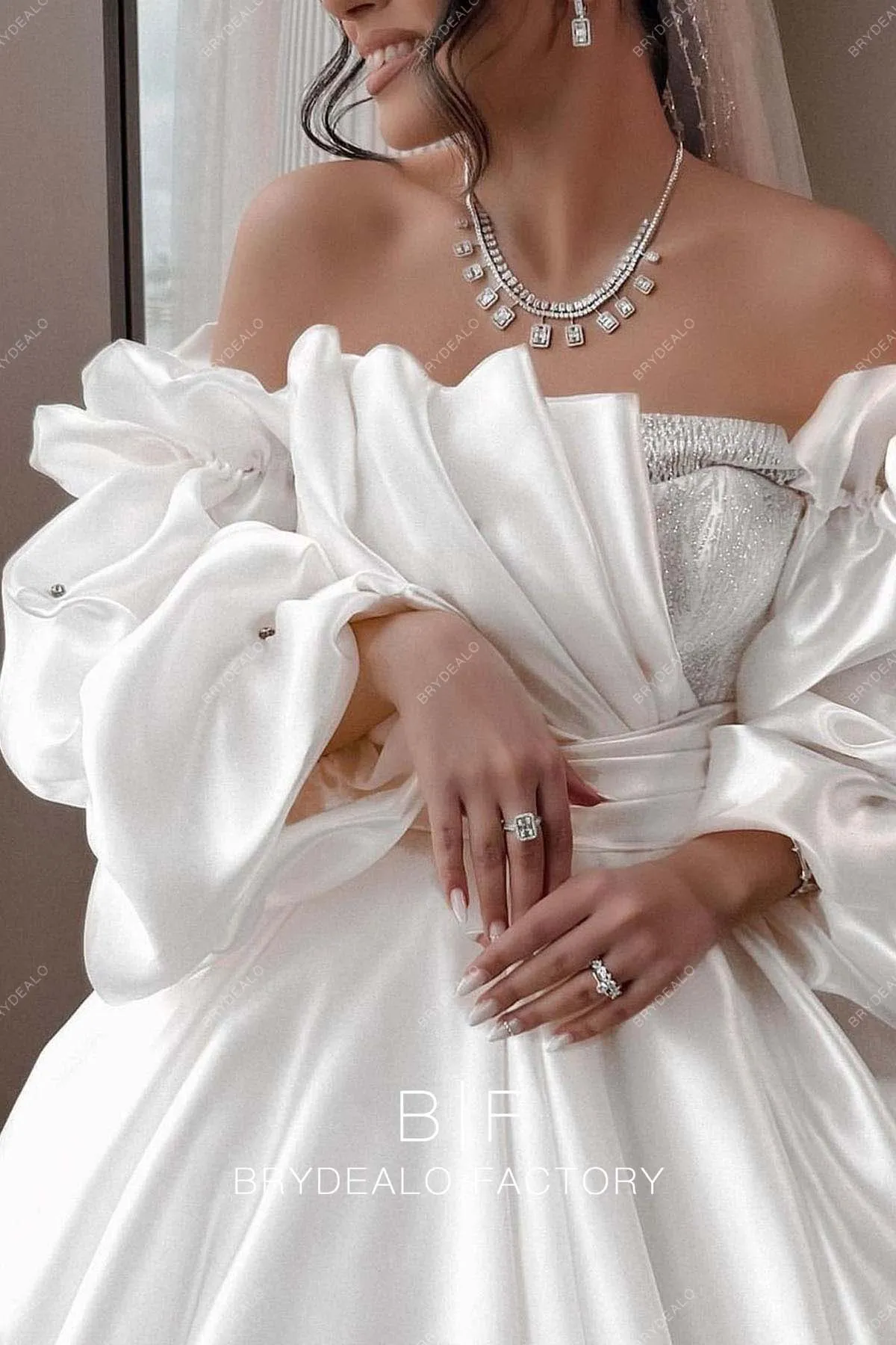 Off Shoulder Designer Satin Unique Ball Gown Long Train Wedding Dress