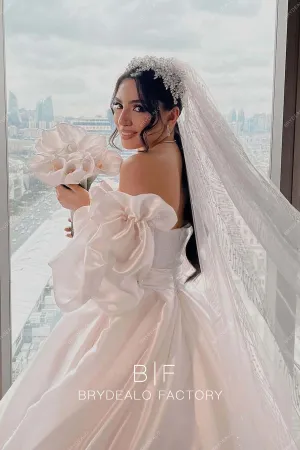 Off Shoulder Designer Satin Unique Ball Gown Long Train Wedding Dress