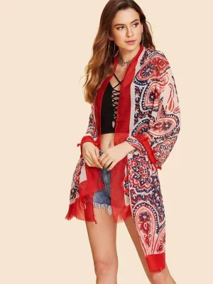 Paisley & Flower Print Scarf With Tassel