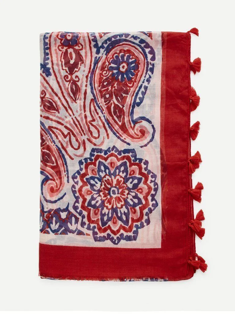 Paisley & Flower Print Scarf With Tassel