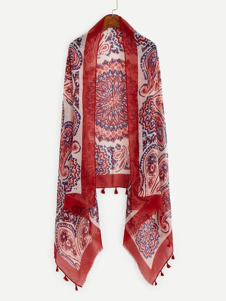 Paisley & Flower Print Scarf With Tassel