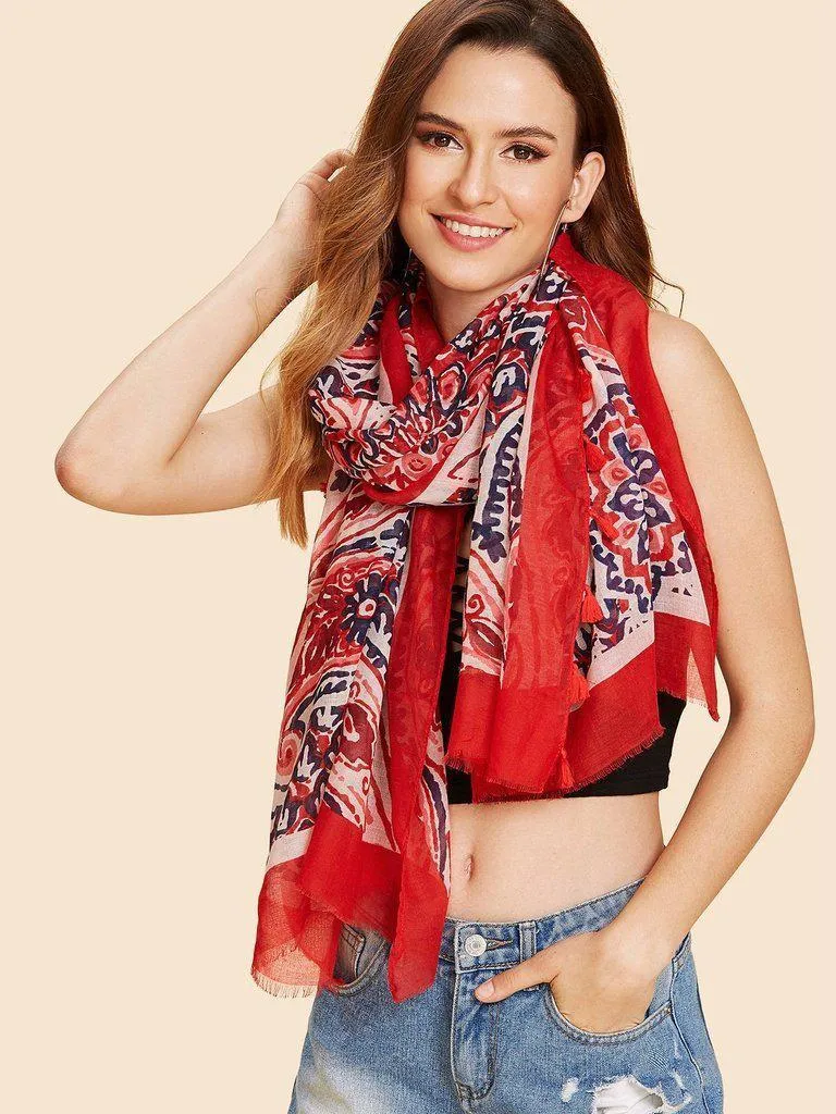 Paisley & Flower Print Scarf With Tassel