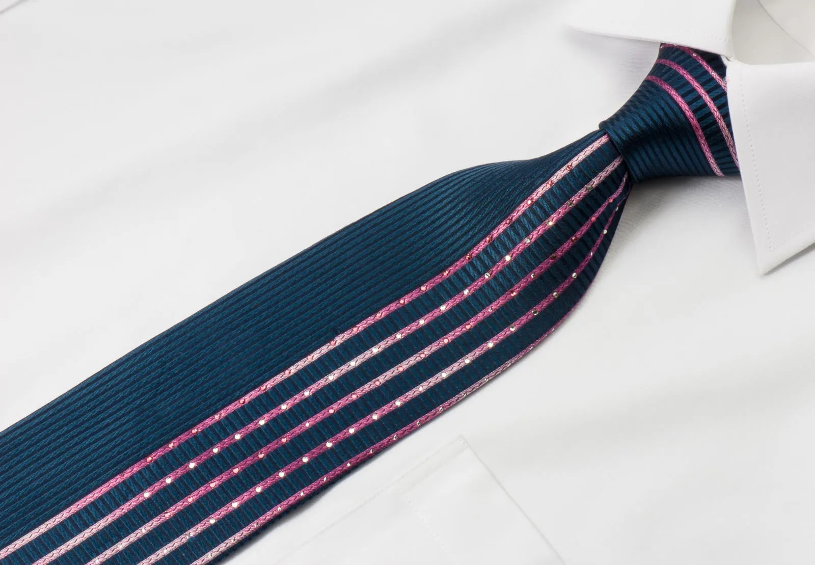 Park Land Men's Rhinestone Necktie Vertical Pink Stripes On Blue With Sparkles