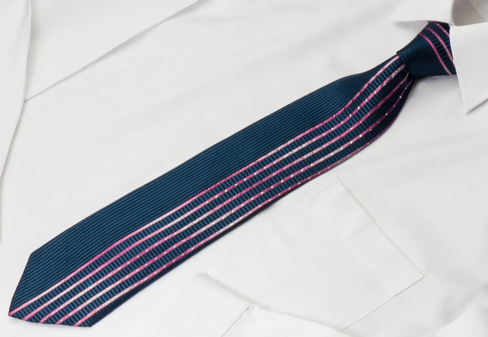 Park Land Men's Rhinestone Necktie Vertical Pink Stripes On Blue With Sparkles