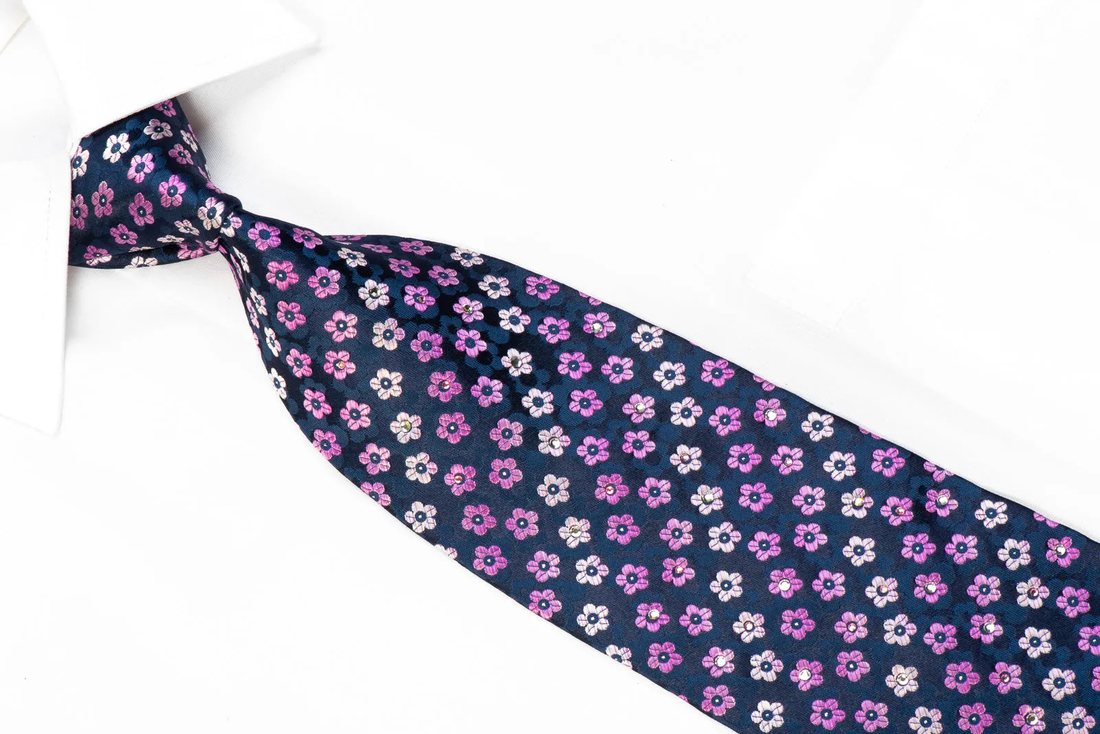 Park Land Rhinestone Necktie Floral On Blue With Sparkles