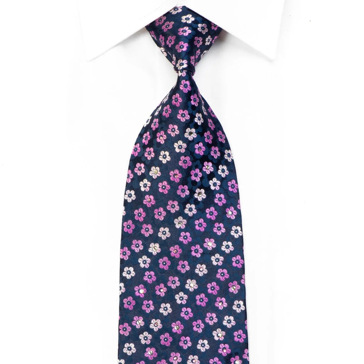 Park Land Rhinestone Necktie Floral On Blue With Sparkles