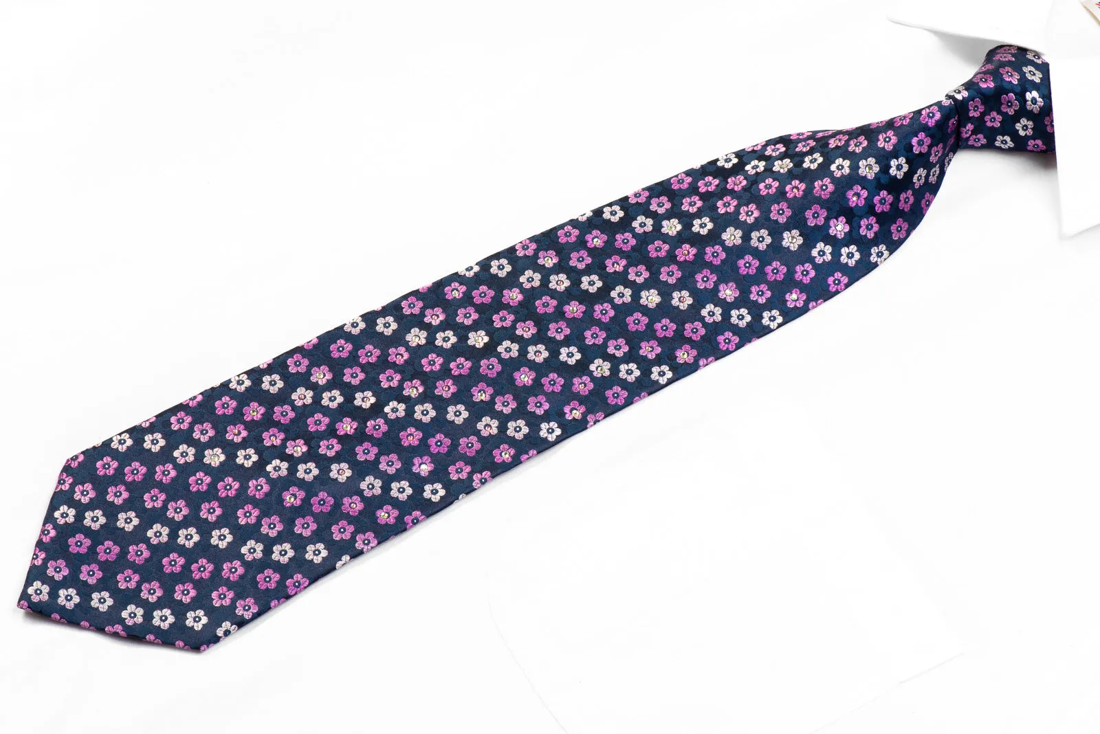 Park Land Rhinestone Necktie Floral On Blue With Sparkles