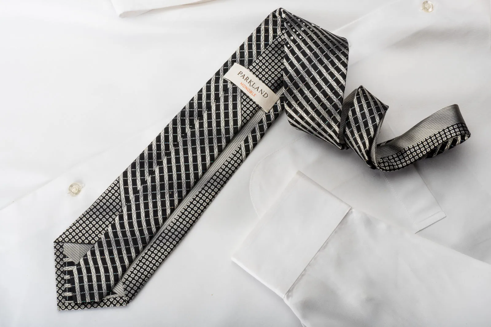 Park Land Rhinestone Silk Necktie Silver Stripes On Black With Sparkles