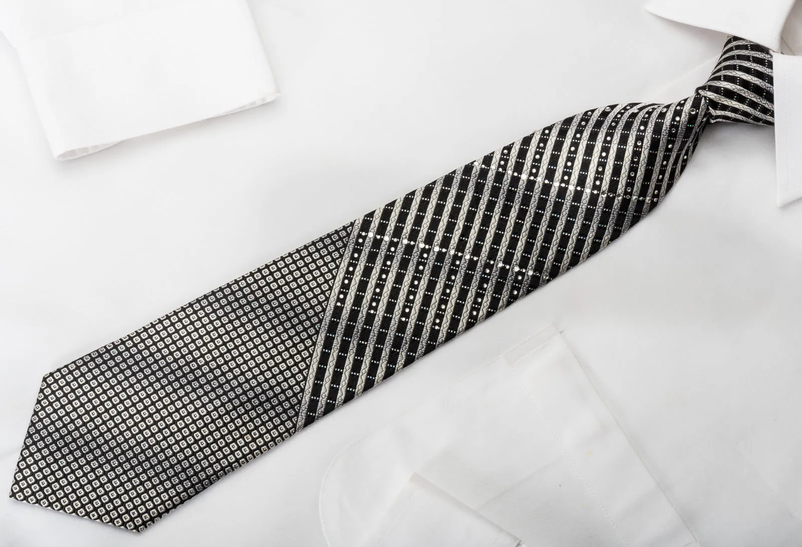 Park Land Rhinestone Silk Necktie Silver Stripes On Black With Sparkles