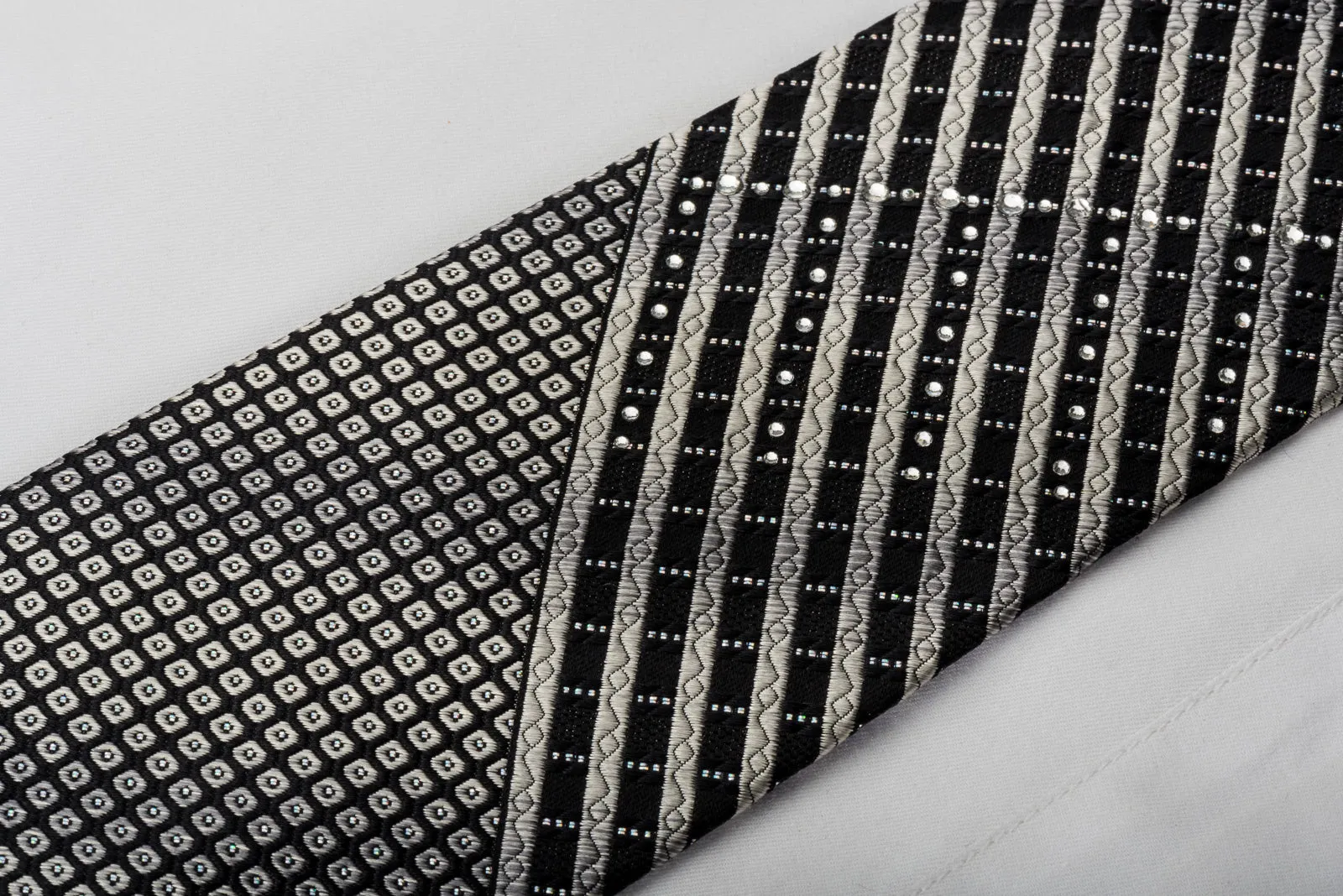 Park Land Rhinestone Silk Necktie Silver Stripes On Black With Sparkles