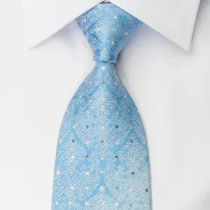 Park Land Silk Rhinestone Necktie Silver Damask On Blue Turquoise With Silver Sparkles