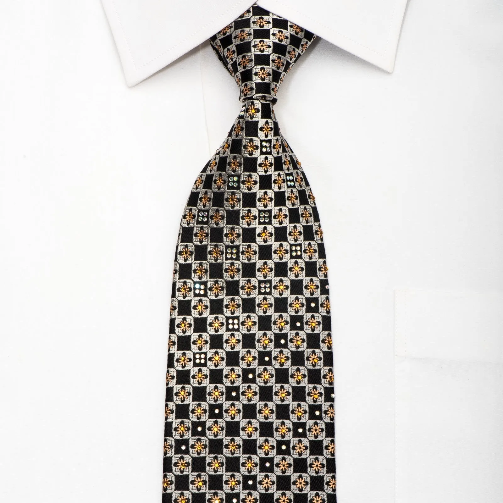 Perry Ellis Mens Silk Tie Silver Checker & Floral On Navy Sparkling With Crystal Rhinestones