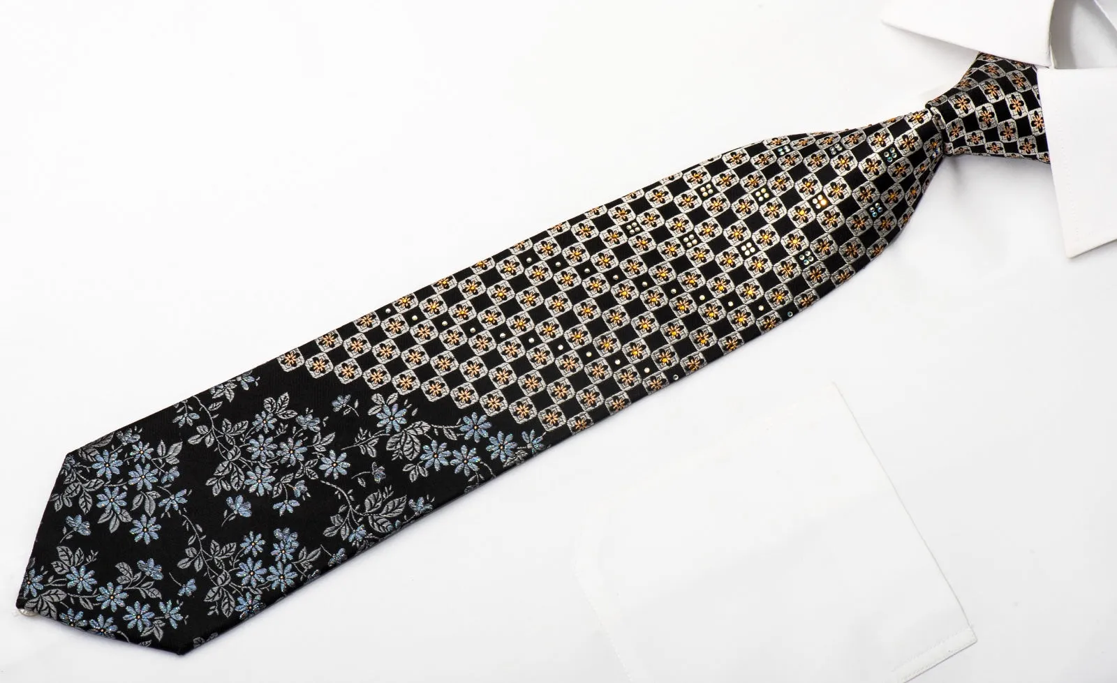 Perry Ellis Mens Silk Tie Silver Checker & Floral On Navy Sparkling With Crystal Rhinestones