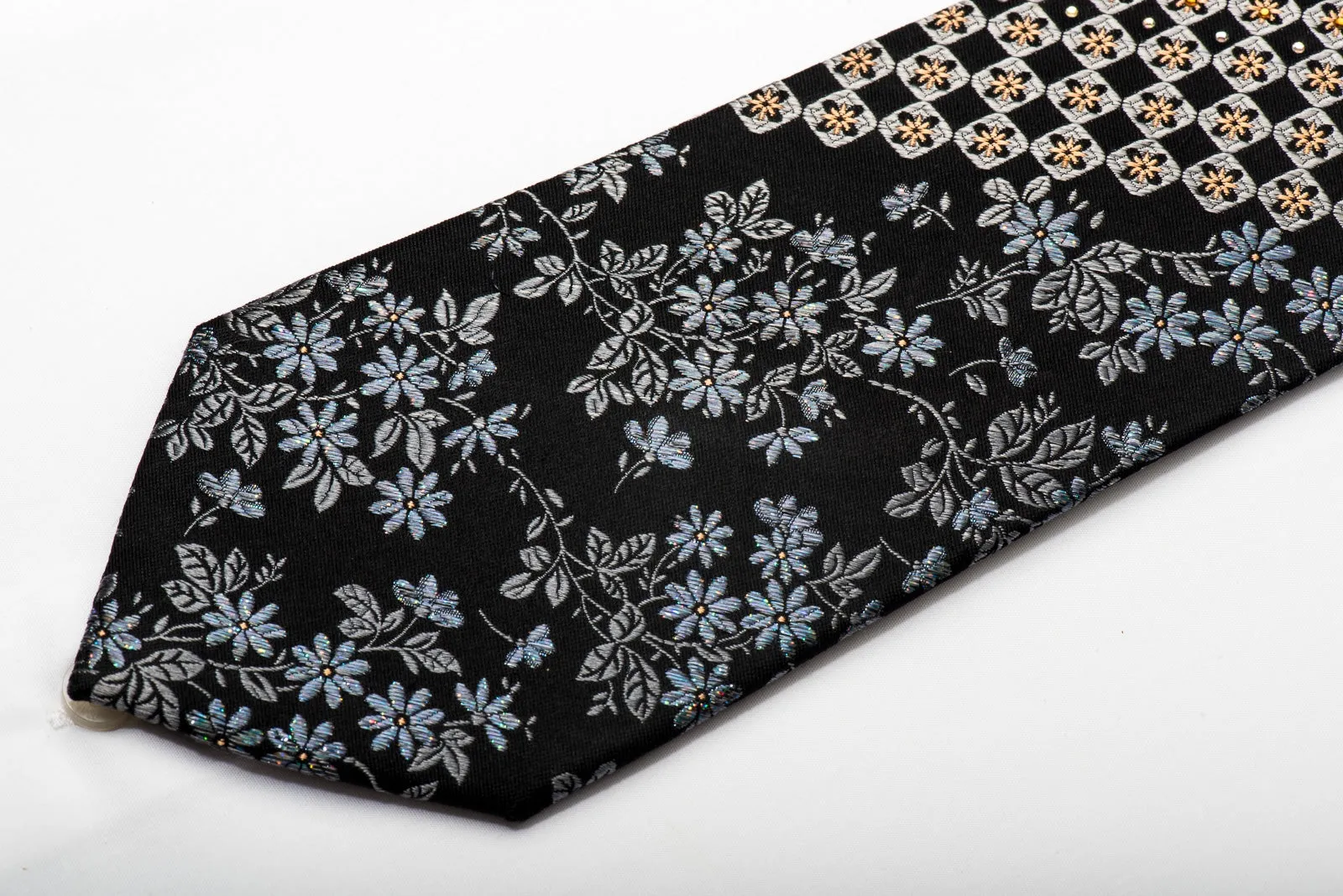 Perry Ellis Mens Silk Tie Silver Checker & Floral On Navy Sparkling With Crystal Rhinestones