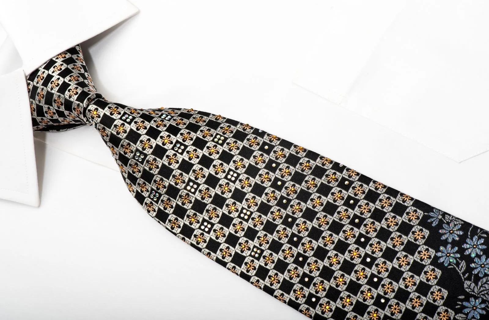 Perry Ellis Mens Silk Tie Silver Checker & Floral On Navy Sparkling With Crystal Rhinestones