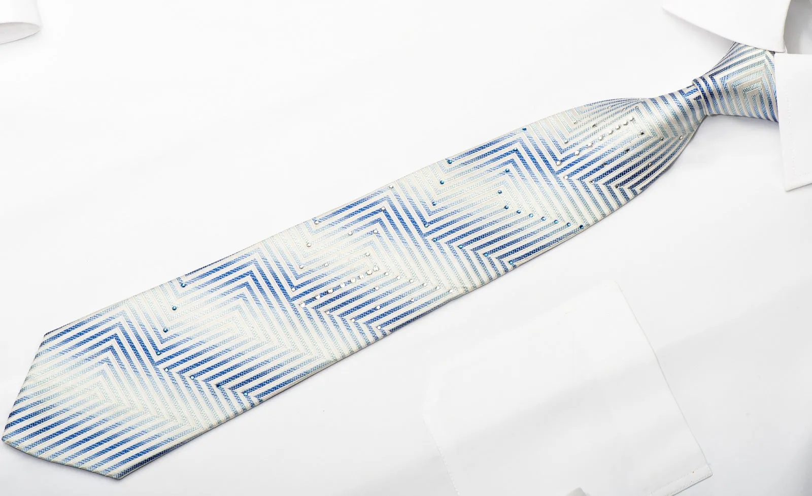 Pierre Cardin Men's Silk Necktie White Chevron Striped On Blue Sparkling With Rhinestones