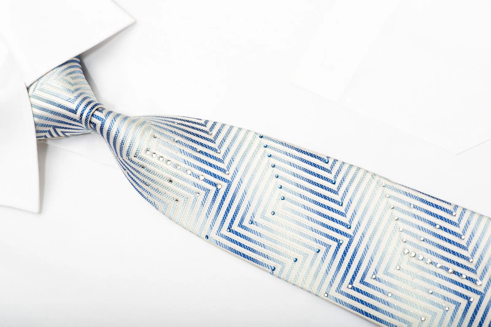 Pierre Cardin Men's Silk Necktie White Chevron Striped On Blue Sparkling With Rhinestones